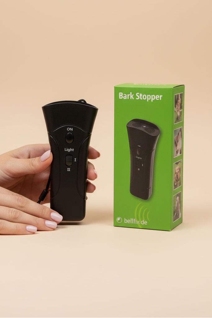 Bark Stopper mit Händen und bellfix.de Verpackung